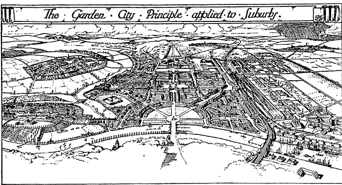 Mottram's bird's eye view drawing of a garden city suburb. 